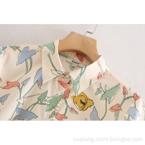 Colorful Floral Printed Shirt Dress With Belt